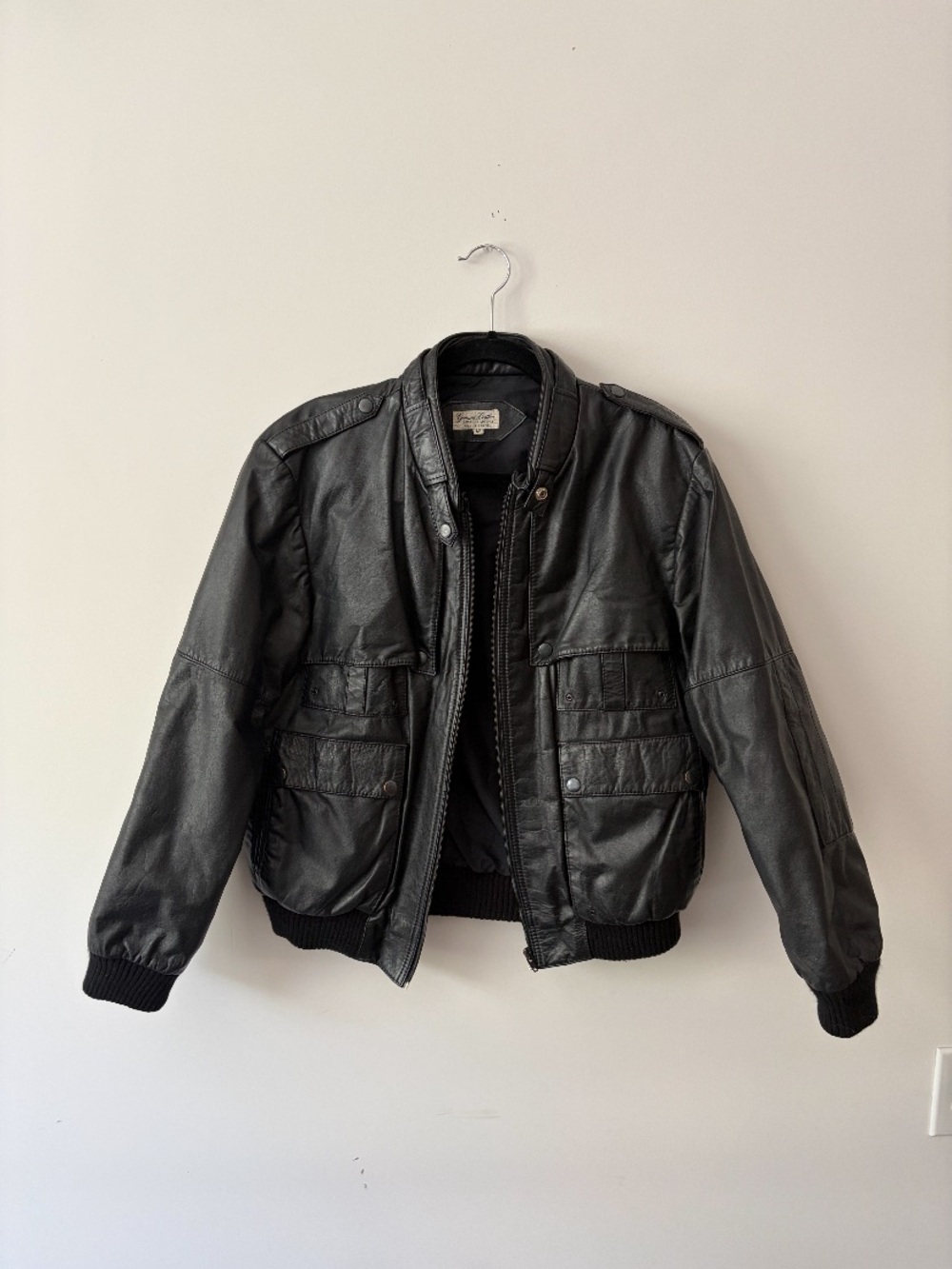 Vintage Genuine Leather Black Leather Bomber Jacket